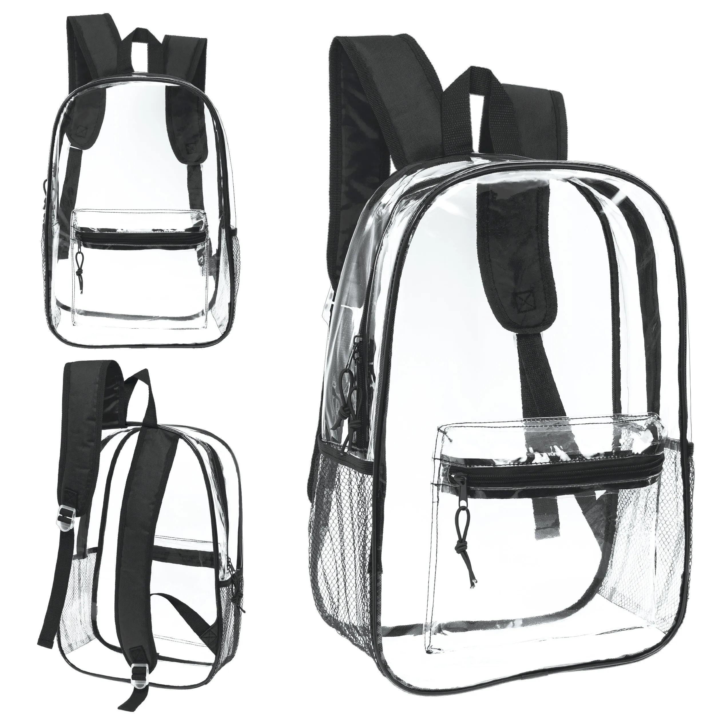 17" Transparent Wholesale Backpack in Black With Side Pocket - Bulk Case of 24