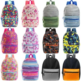 17" Wholesale Backpacks In 12 Assorted Prints & Colors - Bulk Case Of 24 Backpacks