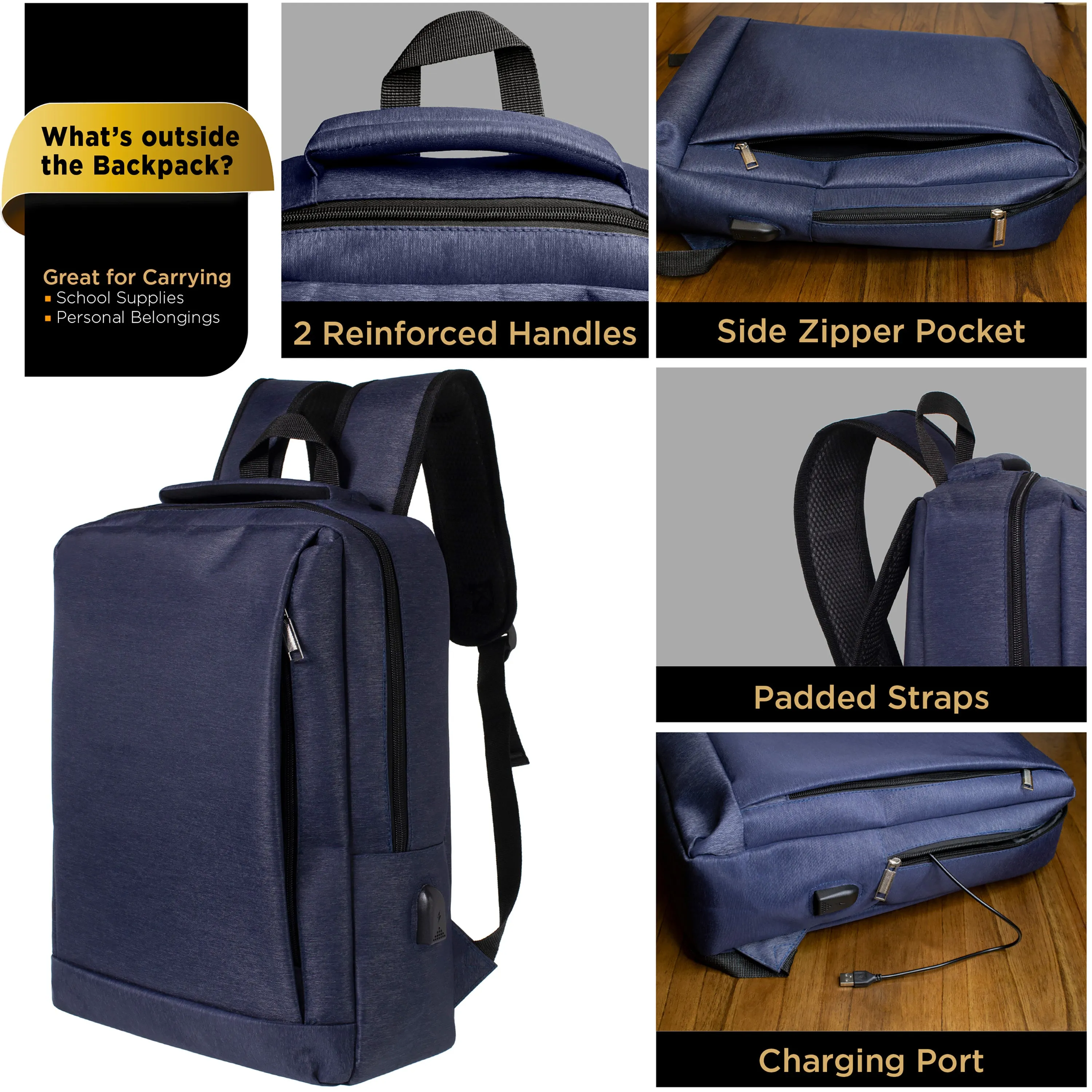 18" Wholesale Premium Backpacks in Black & Navy - Wholesale Bookbags Case of 24