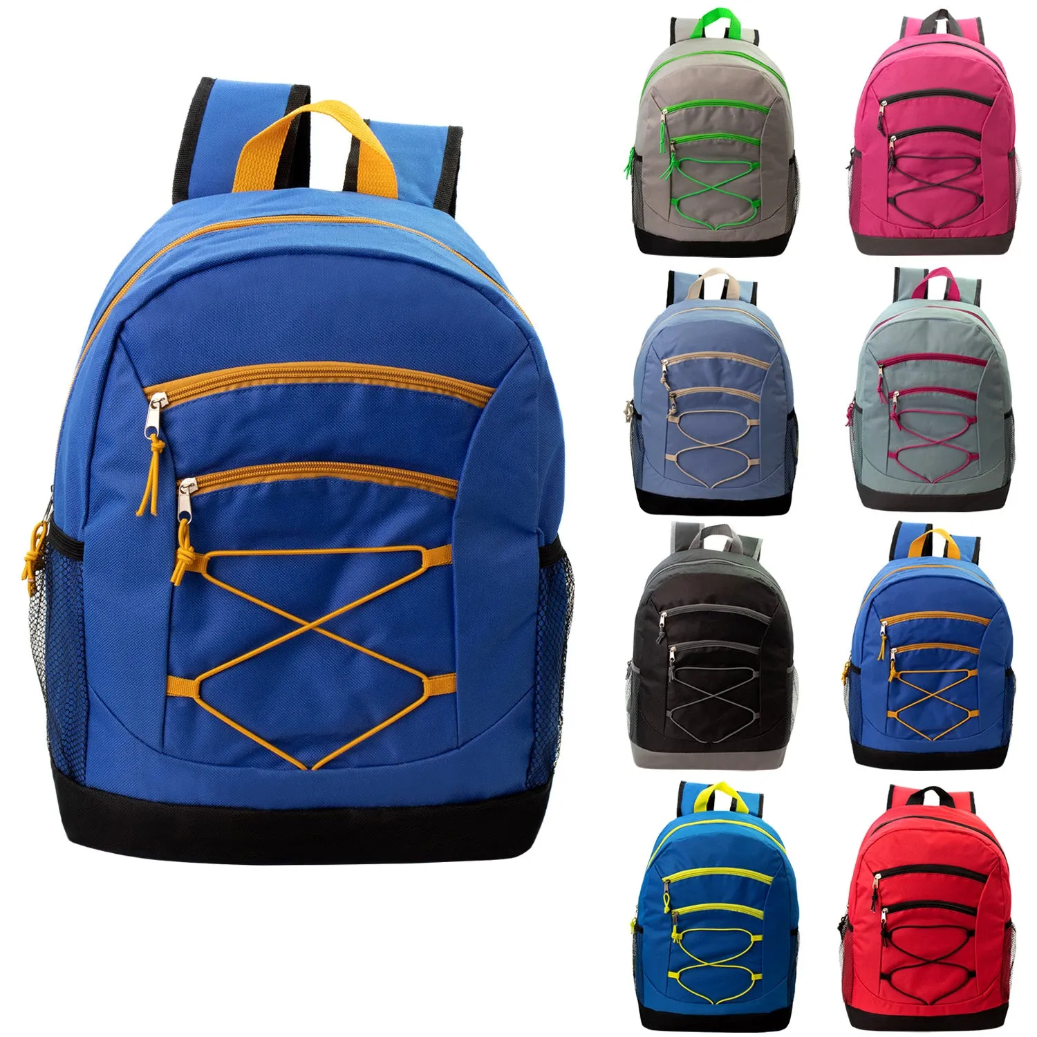 24 Pack of 17" Deluxe and Bungee Wholesale Backpack in Assorted Colors - Bulk Case of 24