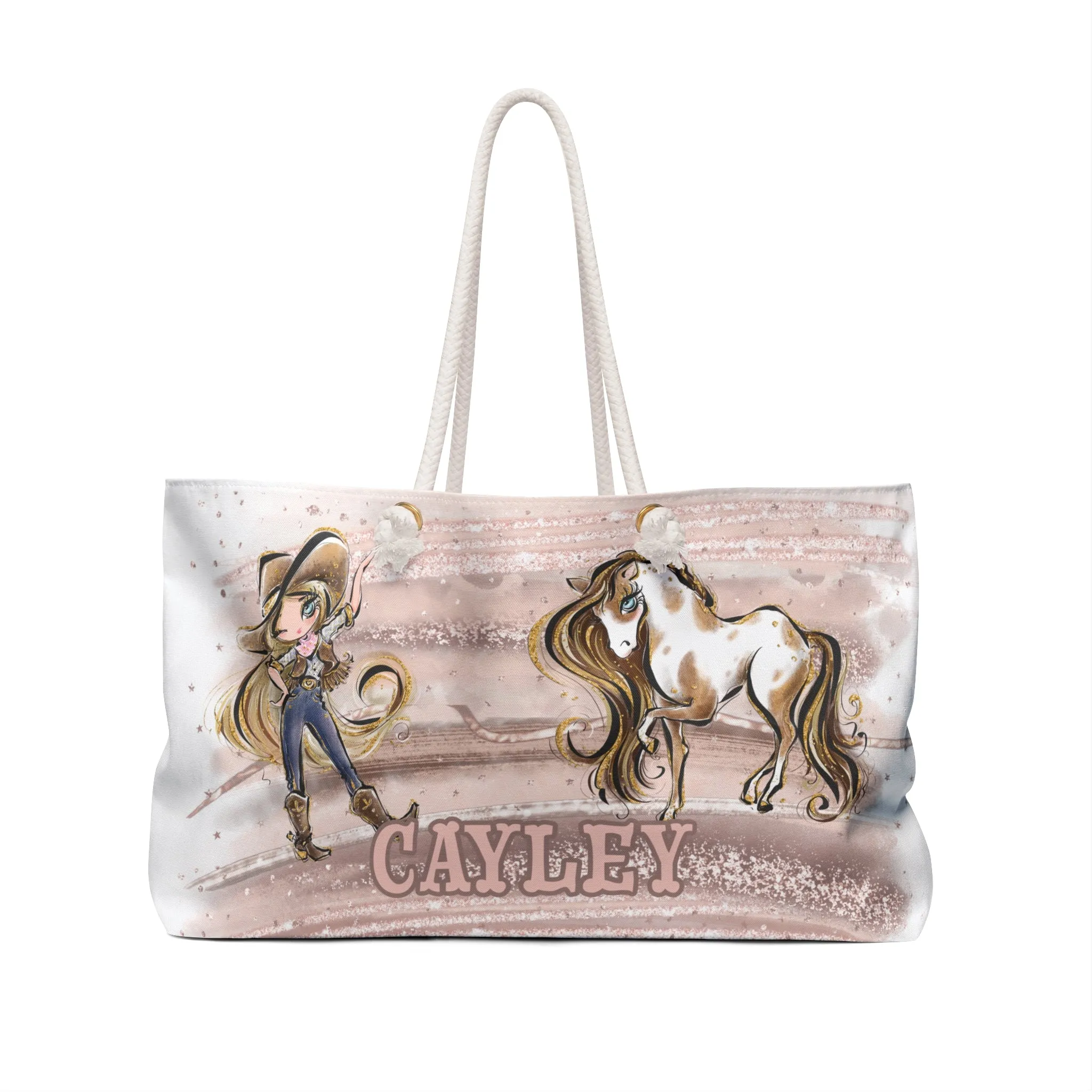 Personalised Weekender Bag, Cowgirl and Horse, Blonde Hair, Blue Eyes, Cayley