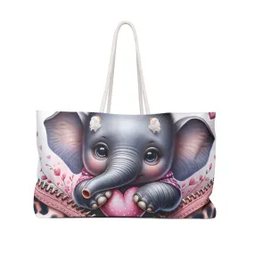 Personalised/Non-Personalised Weekender Bag, Cute Elephant, Zipper, Valentines Day, Large Weekender Bag, Beach Bag, Book Bag