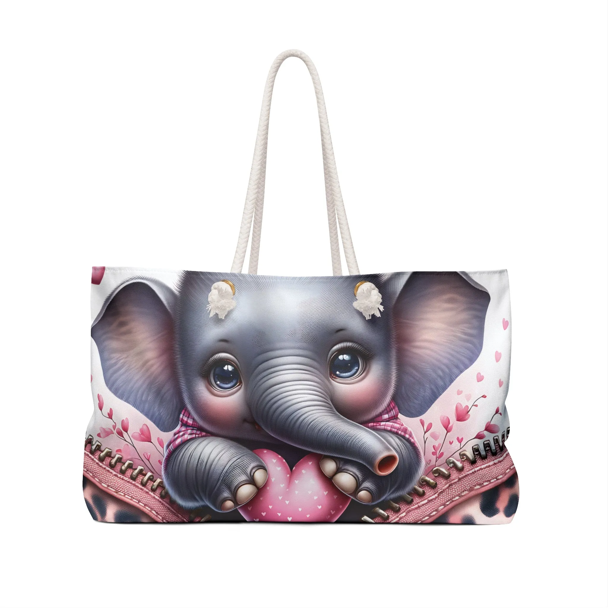 Personalised/Non-Personalised Weekender Bag, Cute Elephant, Zipper, Valentines Day, Large Weekender Bag, Beach Bag, Book Bag