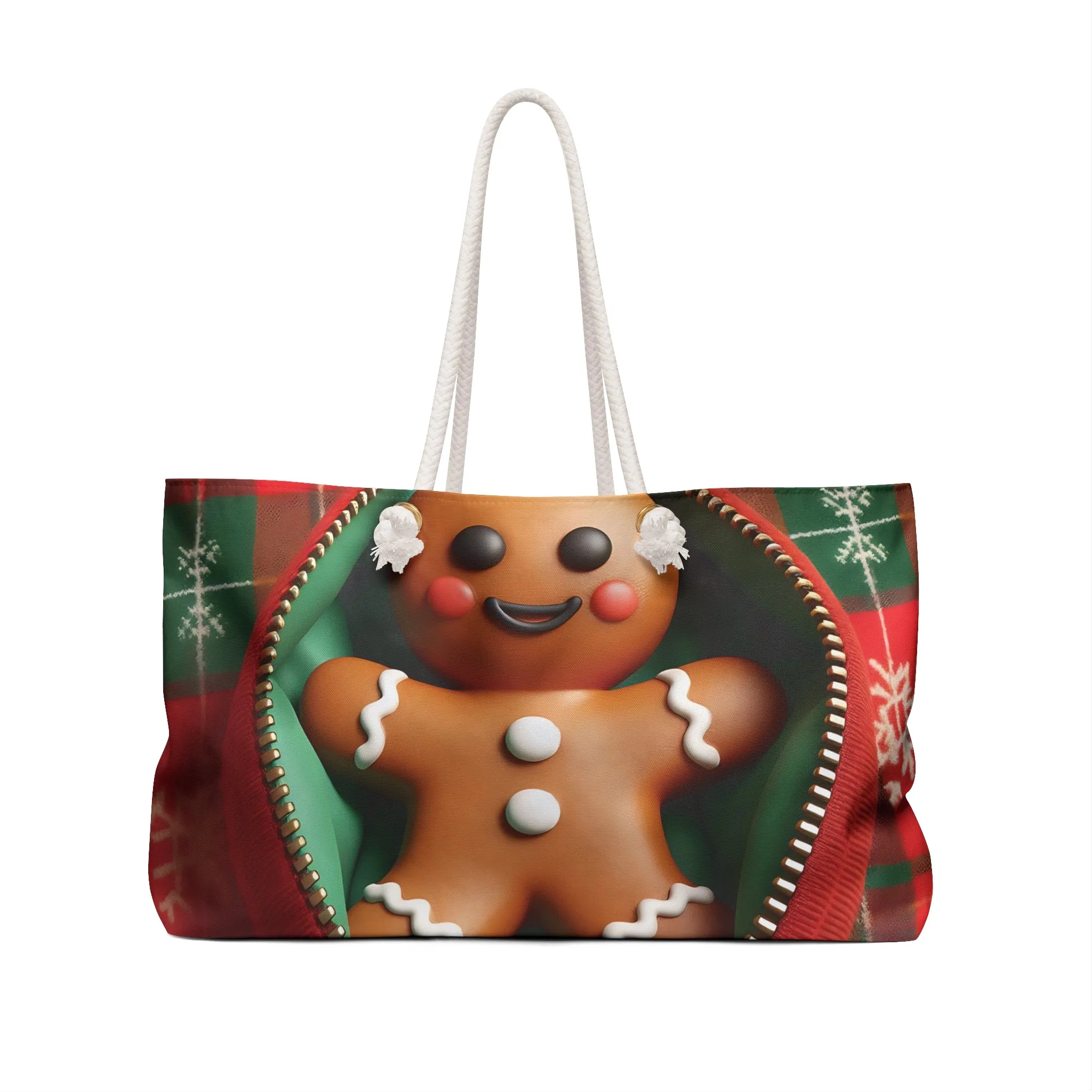 Personalised/Non-Personalised Weekender Bag, Cute Gingerbread Man, Christmas, Tartan, Large Weekender Bag, Beach Bag, Book Bag