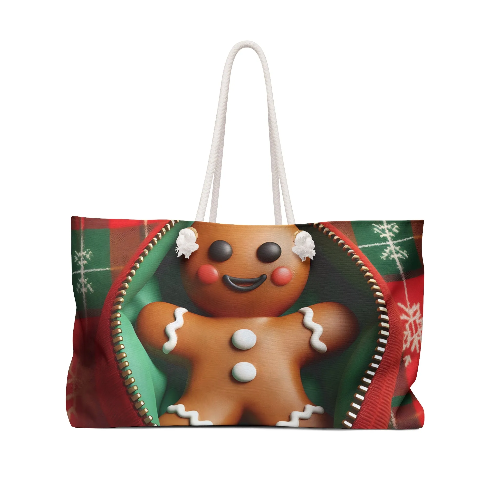 Personalised/Non-Personalised Weekender Bag, Cute Gingerbread Man, Christmas, Tartan, Large Weekender Bag, Beach Bag, Book Bag