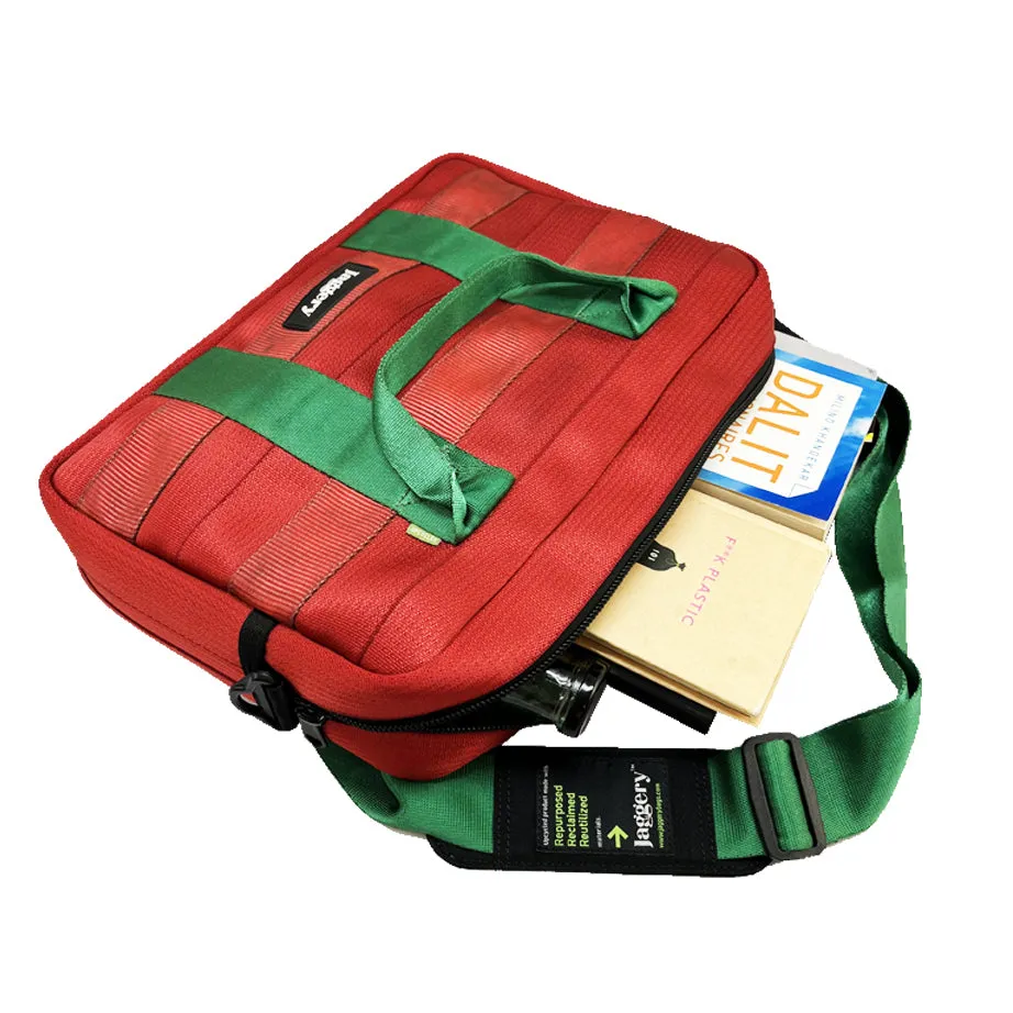 Portuguese Christmas Back Bencher's Bag in Red and Green Decommissioned Cargo belts [15" laptop bag]