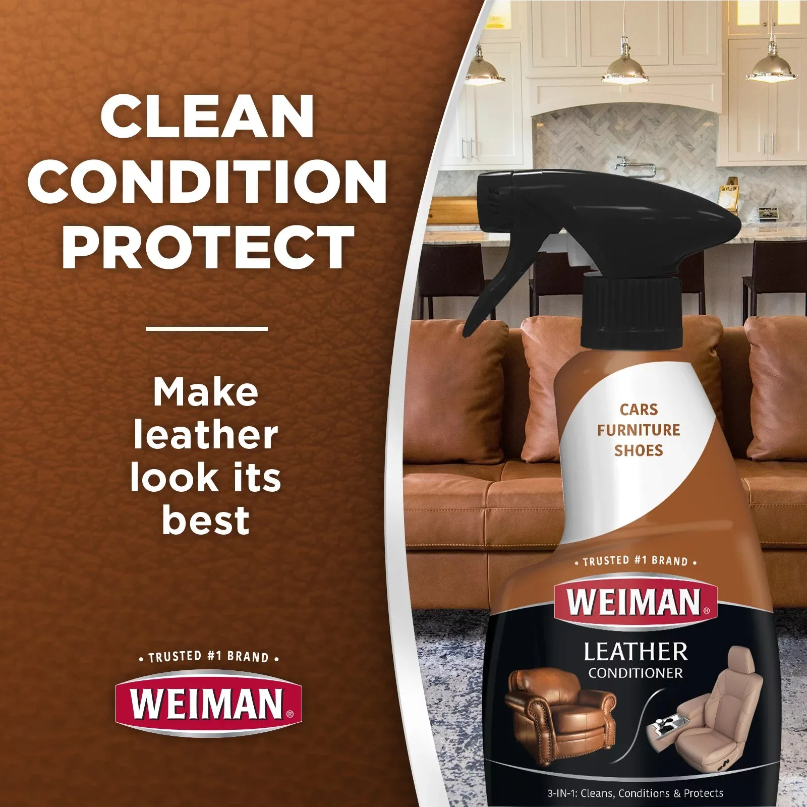 Weiman 3-1 Leather Cleaner & Conditioner for Furniture, Auto, Bags & Shoes, UVX Protection,16oz