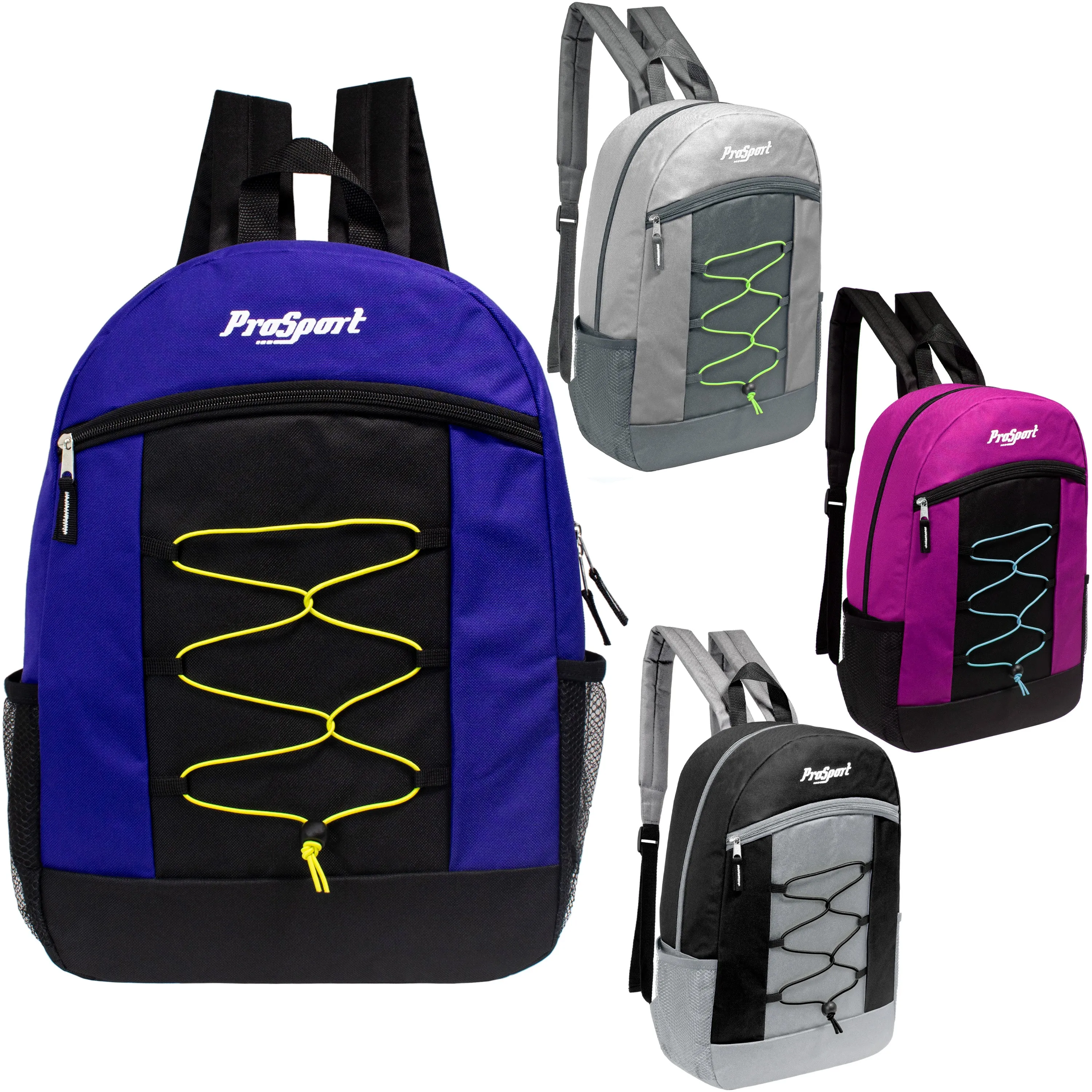 Wholesale 17" Bungee Backpack in 4 Assorted Colors - Bulk Case of 24 Bookbags